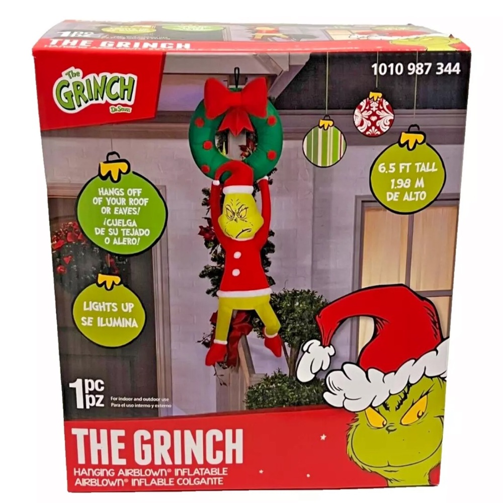 6.5' The Grinch Airblown Inflatable Hanging From Christmas Wreath Dr. Seuss New